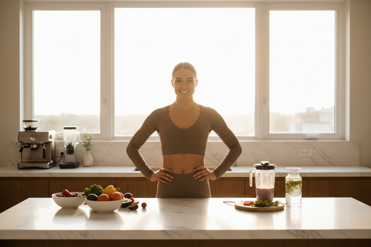 A fit, healthy, confident person in their best moment—could be post-workout, mid-meal prep, stretching at sunrise, or standing in a modern kitchen feeling proud.