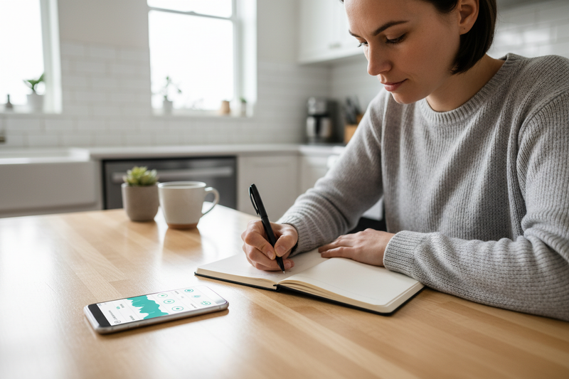 Close-up lifestyle shot of a focused person sitting at a clean wooden table in a modern kitchen, writing in a notebook. Next to them is a smartphone showing a health app with teal graphs. Soft depth of field, natural lighting. The person looks determined and thoughtful. Authentic, wellness aesthetic, sharp focus. --ar 4:3 --v 6.0