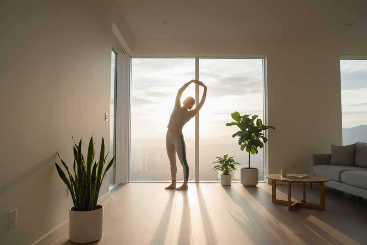 Wide cinematic lifestyle shot of a fit person standing by a large window in a modern minimalist home at sunrise, stretching or meditating. Soft warm morning light flooding in, peaceful atmosphere. The person wears neutral activewear with a subtle teal #008080 accent. Clean white interior, plants, sense of calm and clarity. High-resolution, authentic, unposed, 8k. --ar 16:9 --v 6.0